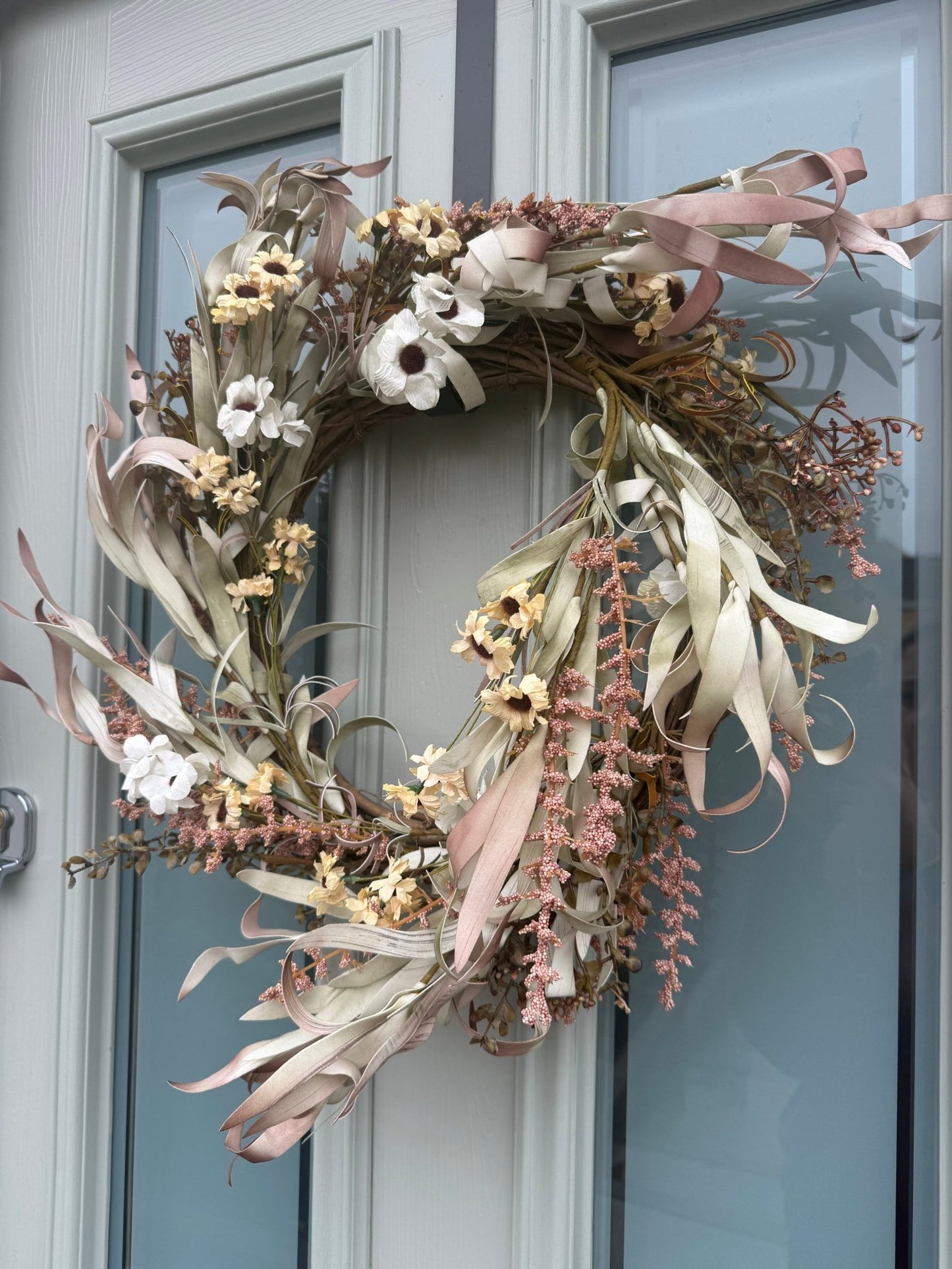Neutral Dried - Flower Wreath for Front Door – Rustic & Soft Blush Eucalyptus & Cream Floral Wreath - NalaWillowCo