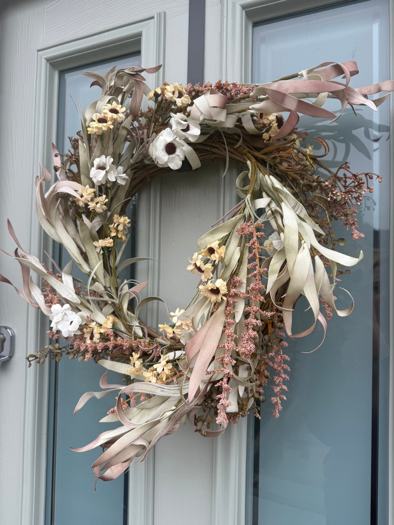 Neutral Dried - Flower Wreath for Front Door – Rustic & Soft Blush Eucalyptus & Cream Floral Wreath - NalaWillowCo