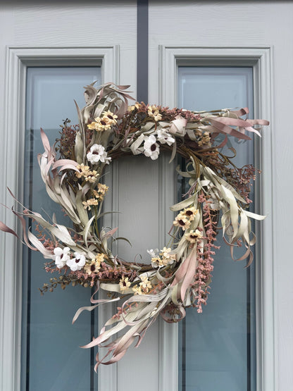 Neutral Dried - Flower Wreath for Front Door – Rustic & Soft Blush Eucalyptus & Cream Floral Wreath - NalaWillowCo