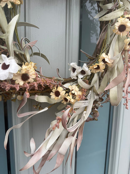 Neutral Dried - Flower Wreath for Front Door – Rustic & Soft Blush Eucalyptus & Cream Floral Wreath - NalaWillowCo