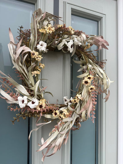 Neutral Dried - Flower Wreath for Front Door – Rustic & Soft Blush Eucalyptus & Cream Floral Wreath - NalaWillowCo