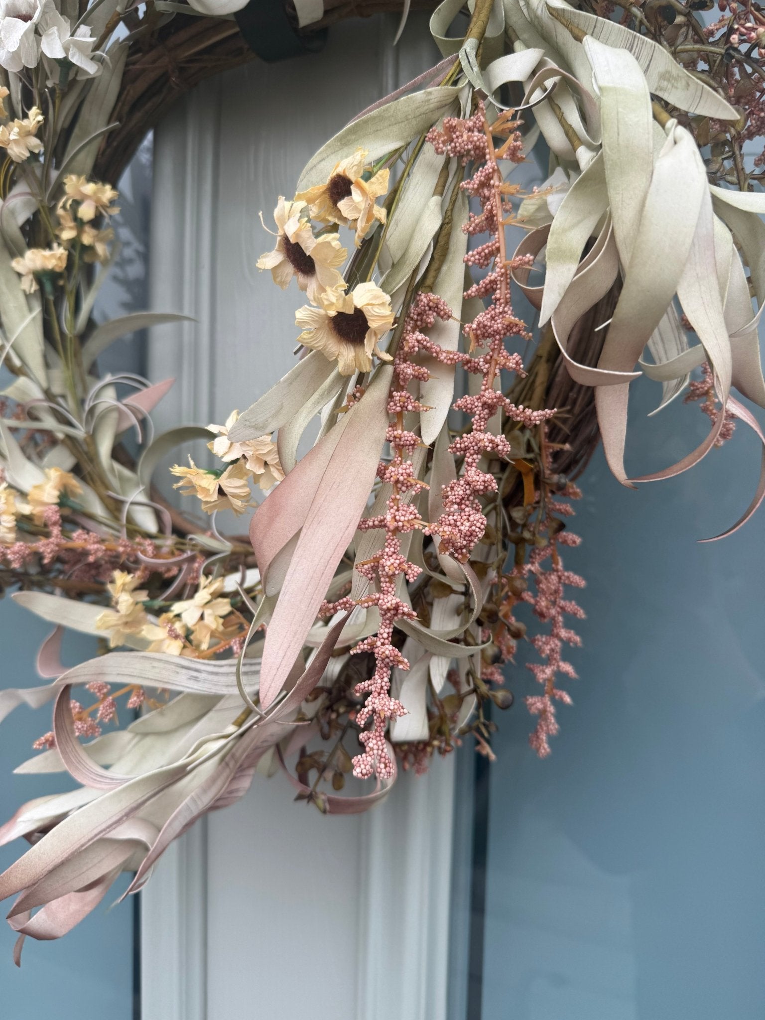 Neutral Dried - Flower Wreath for Front Door – Rustic & Soft Blush Eucalyptus & Cream Floral Wreath - NalaWillowCo