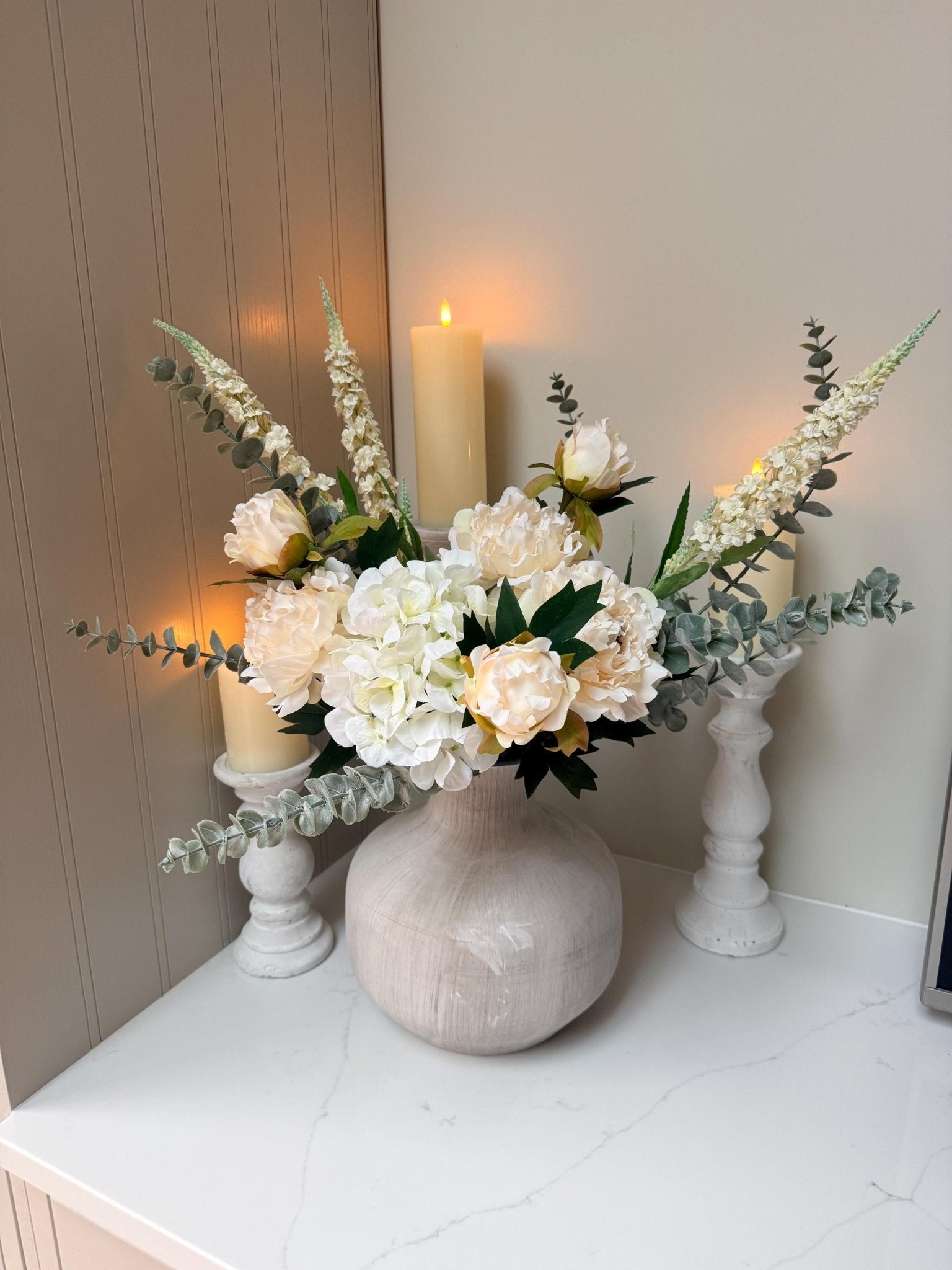 Olivia – White Peony, Hydrangea & Eucalyptus Luxury Flower Arrangement - NalaWillowCo