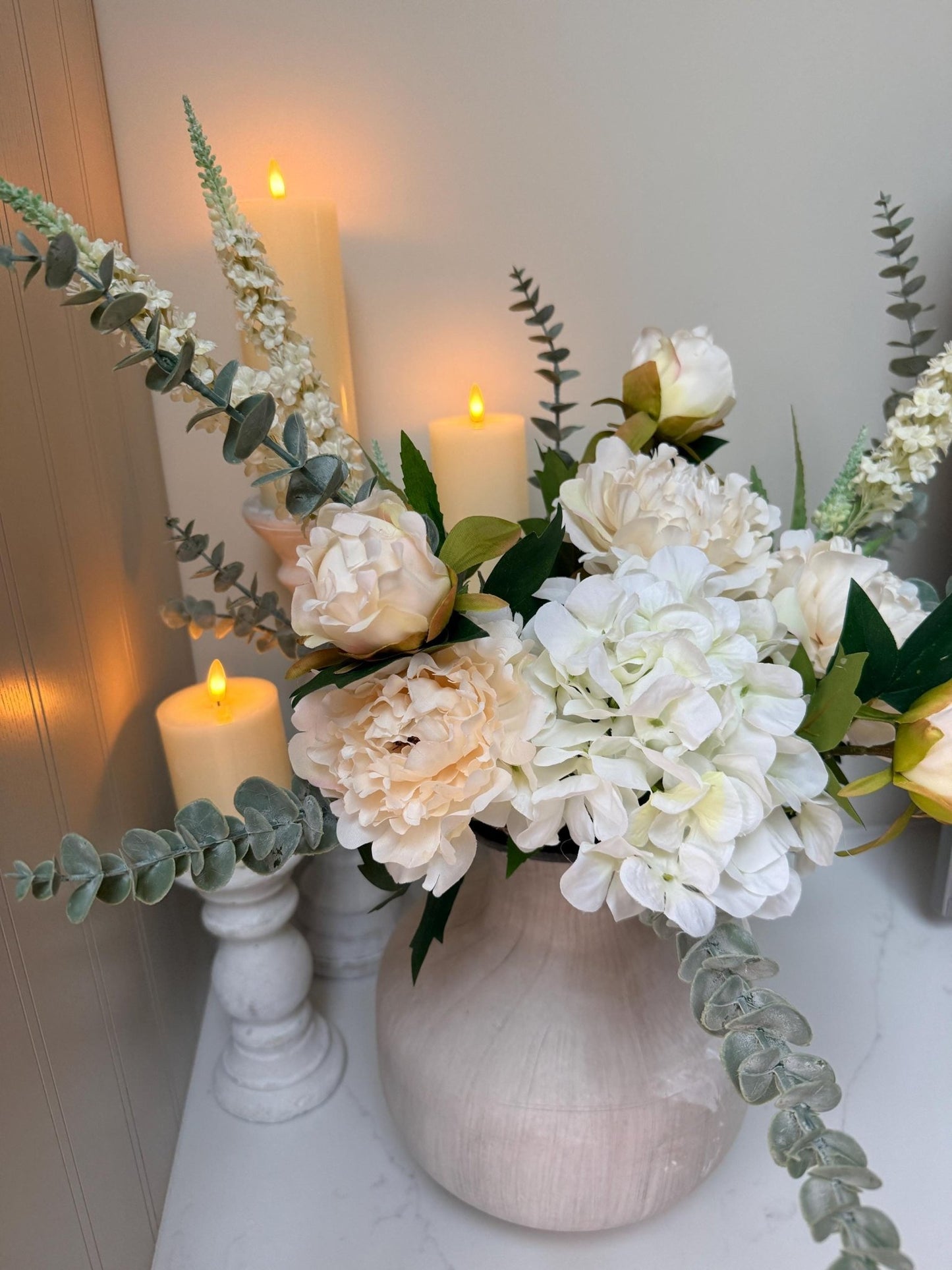 Olivia – White Peony, Hydrangea & Eucalyptus Luxury Flower Arrangement - NalaWillowCo