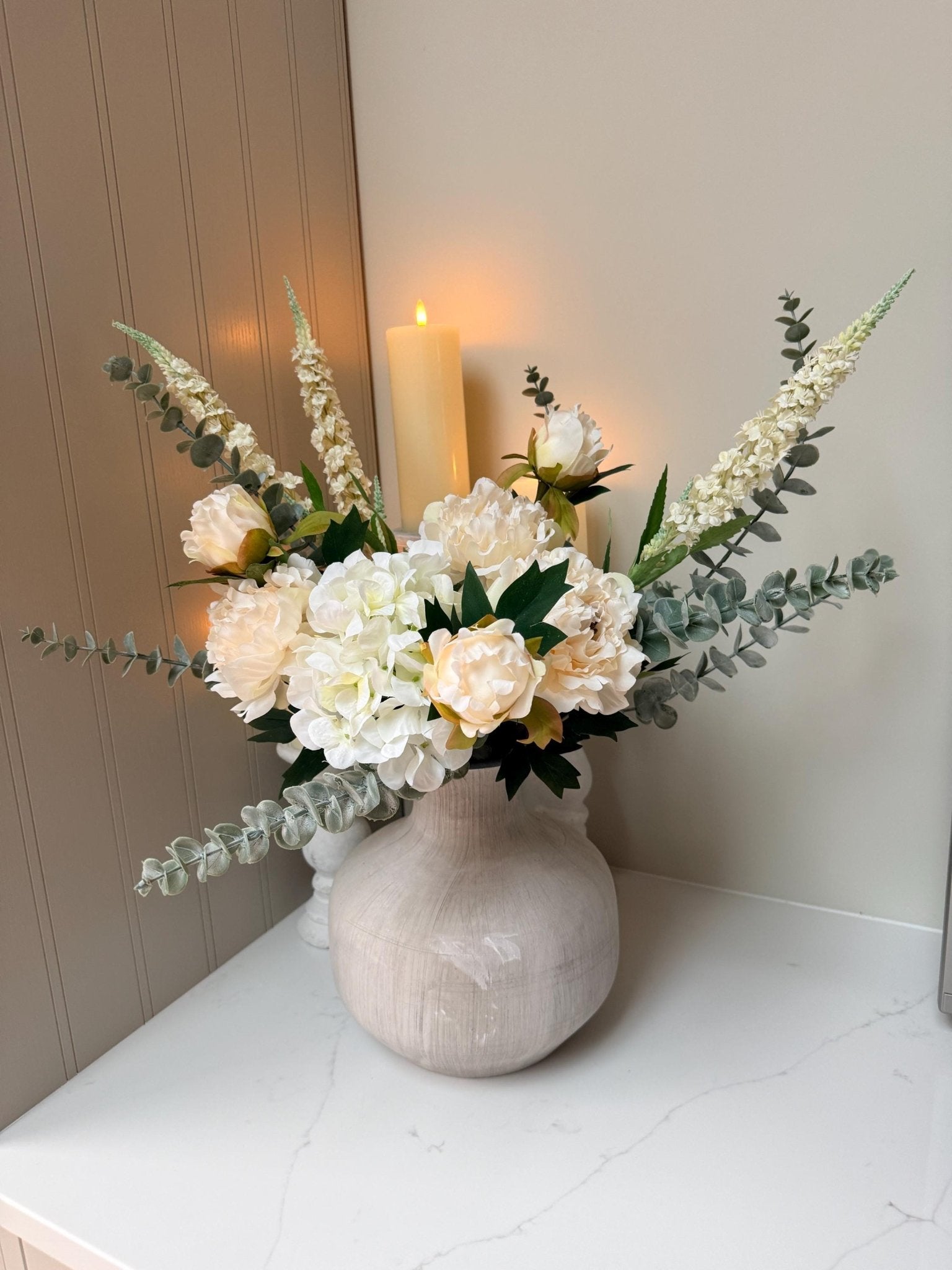 Olivia – White Peony, Hydrangea & Eucalyptus Luxury Flower Arrangement - NalaWillowCo
