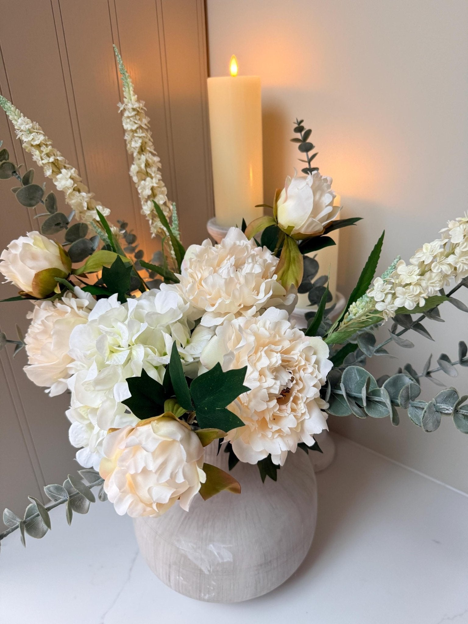 Olivia – White Peony, Hydrangea & Eucalyptus Luxury Flower Arrangement - NalaWillowCo