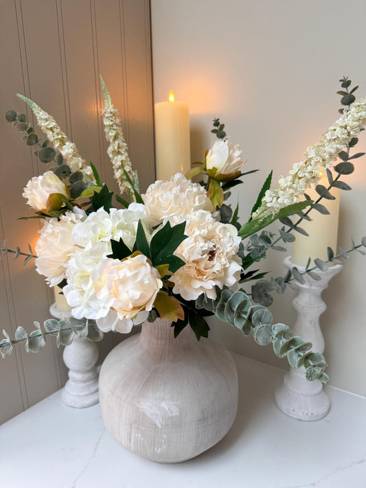 Olivia – White Peony, Hydrangea & Eucalyptus Luxury Flower Arrangement - NalaWillowCo