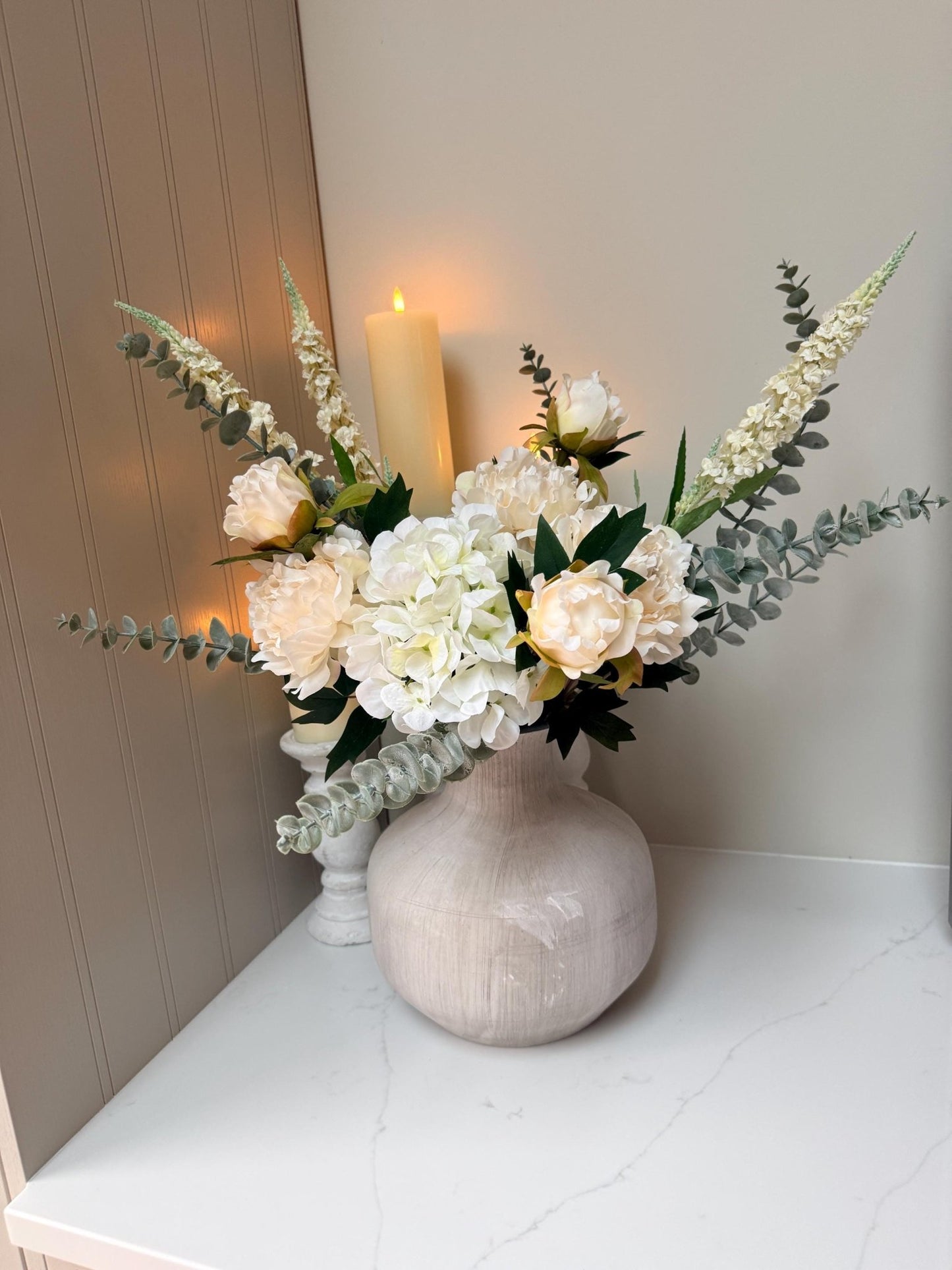 Olivia – White Peony, Hydrangea & Eucalyptus Luxury Flower Arrangement - NalaWillowCo