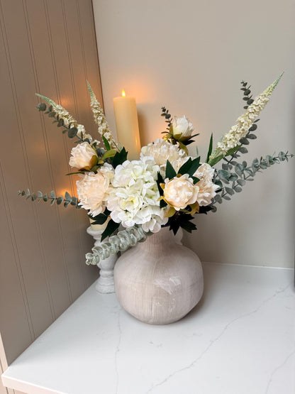 Olivia – White Peony, Hydrangea & Eucalyptus Luxury Flower Arrangement - NalaWillowCo
