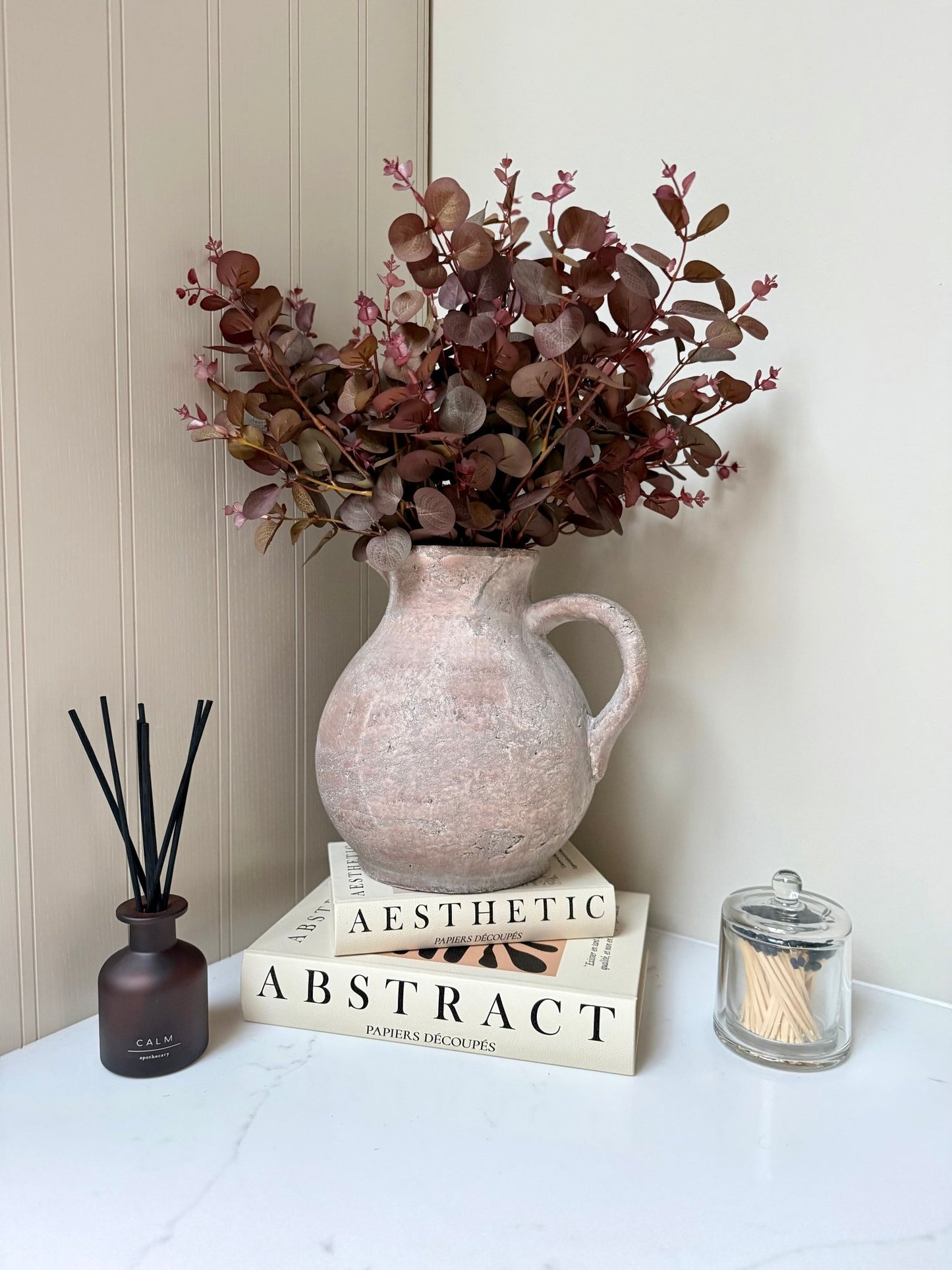 Rustic Brown Stone Jug Vase – Distressed Concrete Effect – Farmhouse Neutral Home Decor - NalaWillowCo