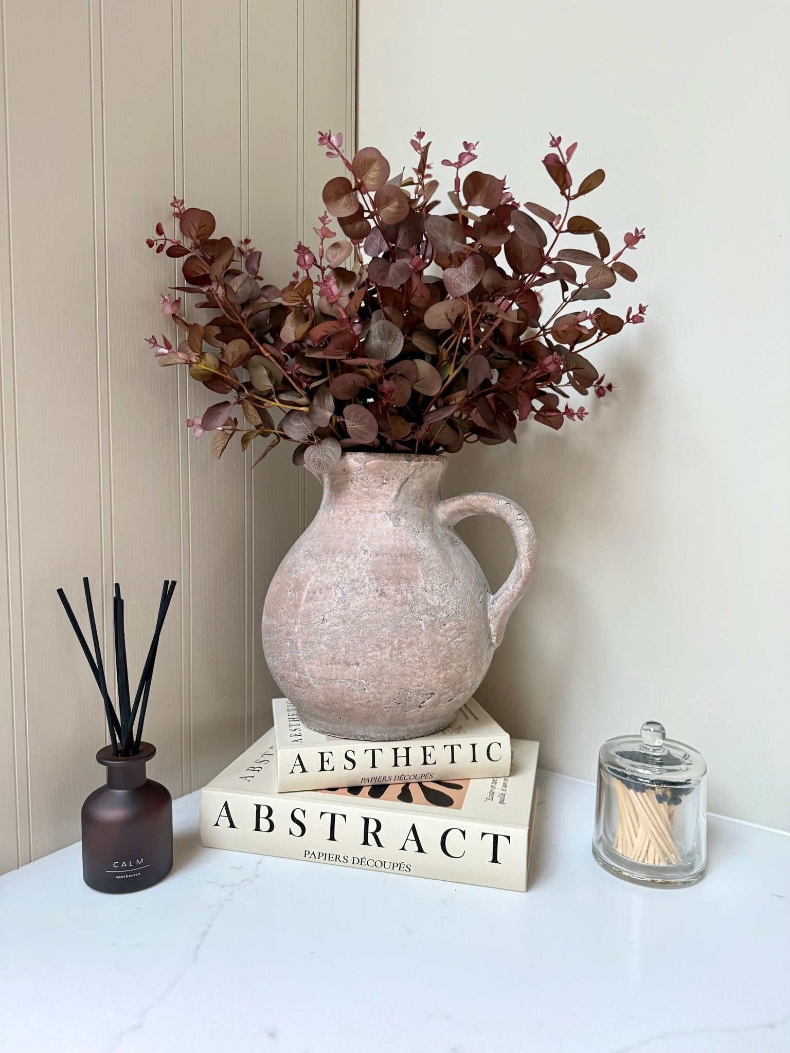 Rustic Brown Stone Jug Vase – Distressed Concrete Effect – Farmhouse Neutral Home Decor - NalaWillowCo