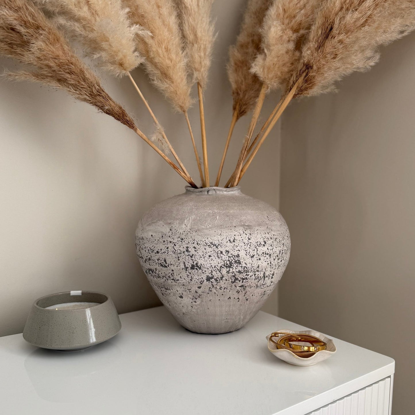 Rustic Stone Effect Vase – Large Distressed Grey, Textured Cement - Style Pot for Pampas Grass & Dried Flowers | Neutral Modern Home Decor - NalaWillowCo