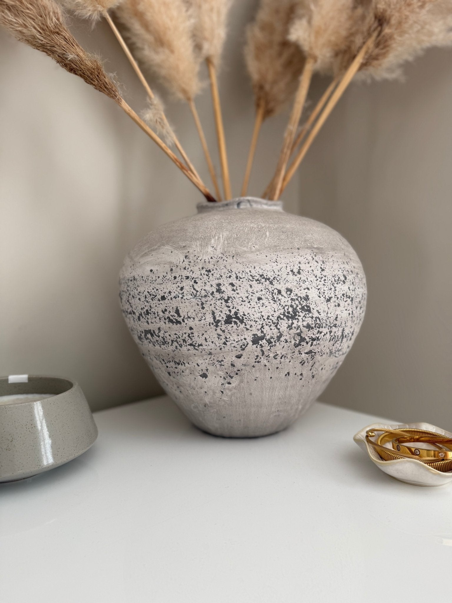 Rustic Stone Effect Vase – Large Distressed Grey, Textured Cement - Style Pot for Pampas Grass & Dried Flowers | Neutral Modern Home Decor - NalaWillowCo