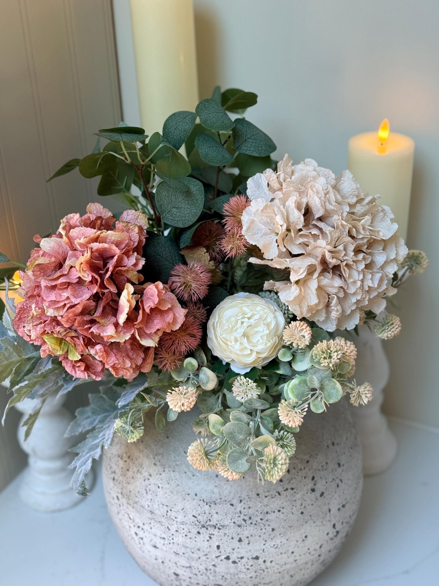 Sarah – Handmade Luxury Silk Autumn Floral Arrangement | Blush Pink Dried Hydrangea Artificial Flower Bouquet with Optional Vase - NalaWillowCo