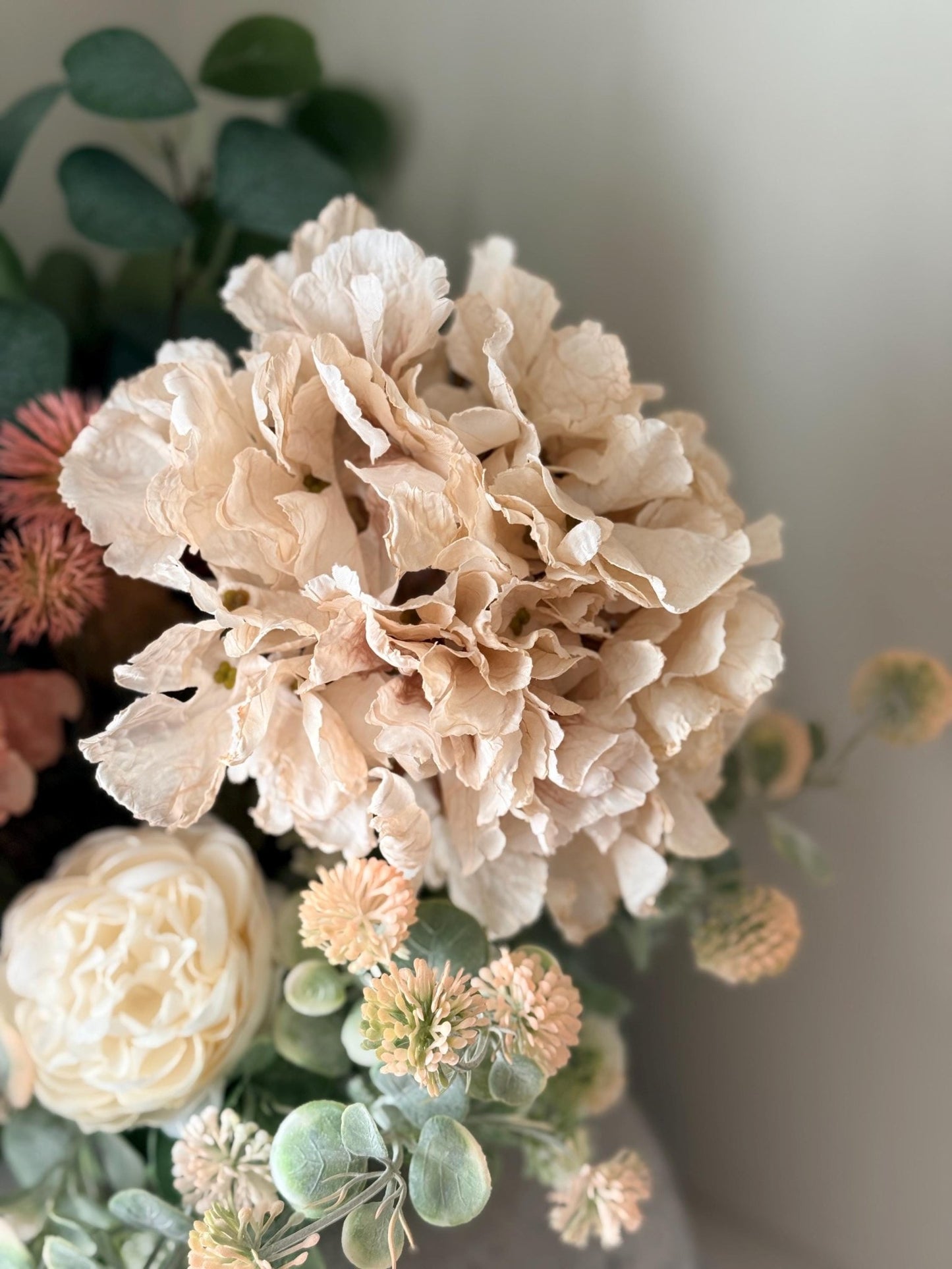 Sarah – Handmade Luxury Silk Autumn Floral Arrangement | Blush Pink Dried Hydrangea Artificial Flower Bouquet with Optional Vase - NalaWillowCo