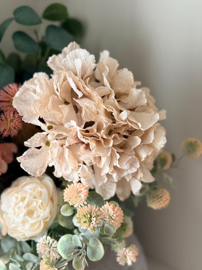 Sarah – Handmade Luxury Silk Autumn Floral Arrangement | Blush Pink Dried Hydrangea Artificial Flower Bouquet with Optional Vase - NalaWillowCo