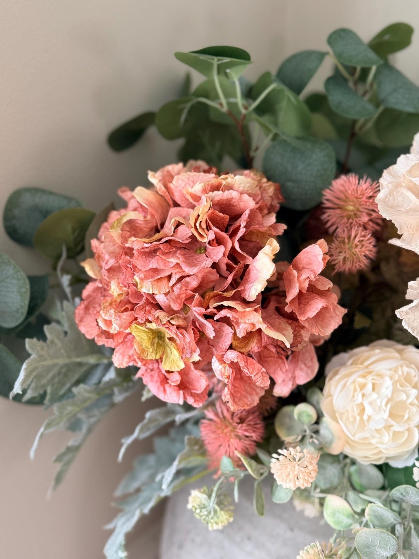 Sarah – Handmade Luxury Silk Autumn Floral Arrangement | Blush Pink Dried Hydrangea Artificial Flower Bouquet with Optional Vase - NalaWillowCo