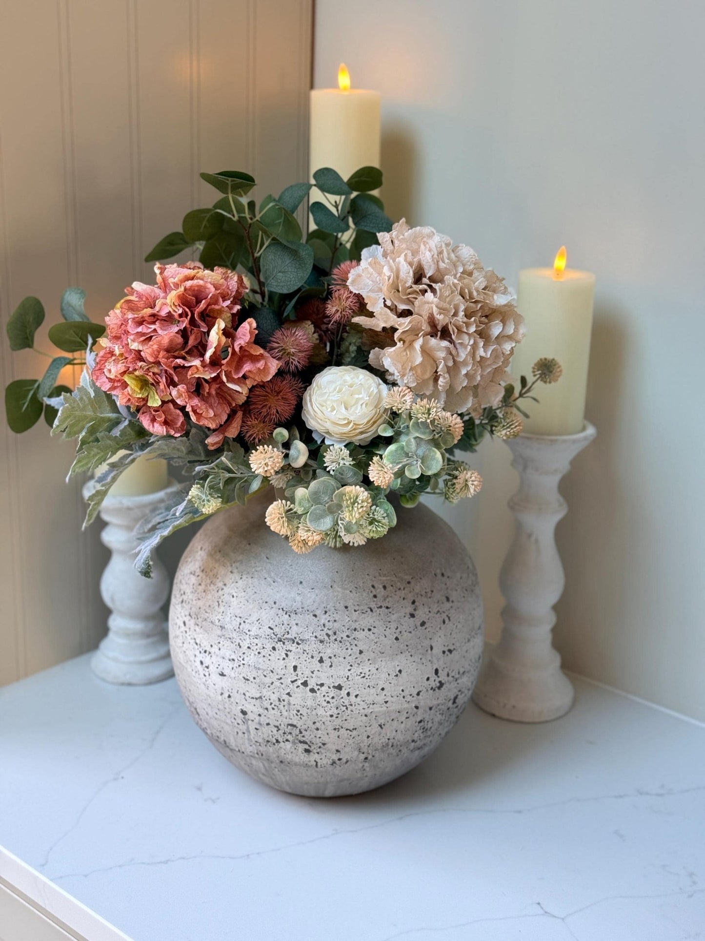 Sarah – Handmade Luxury Silk Autumn Floral Arrangement | Blush Pink Dried Hydrangea Artificial Flower Bouquet with Optional Vase - NalaWillowCo