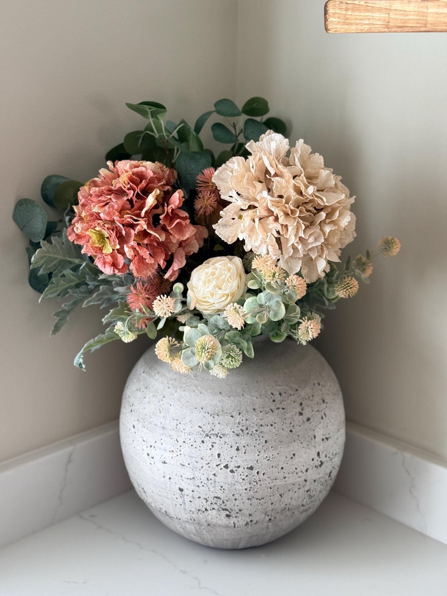 Sarah – Handmade Luxury Silk Autumn Floral Arrangement | Blush Pink Dried Hydrangea Artificial Flower Bouquet with Optional Vase - NalaWillowCo