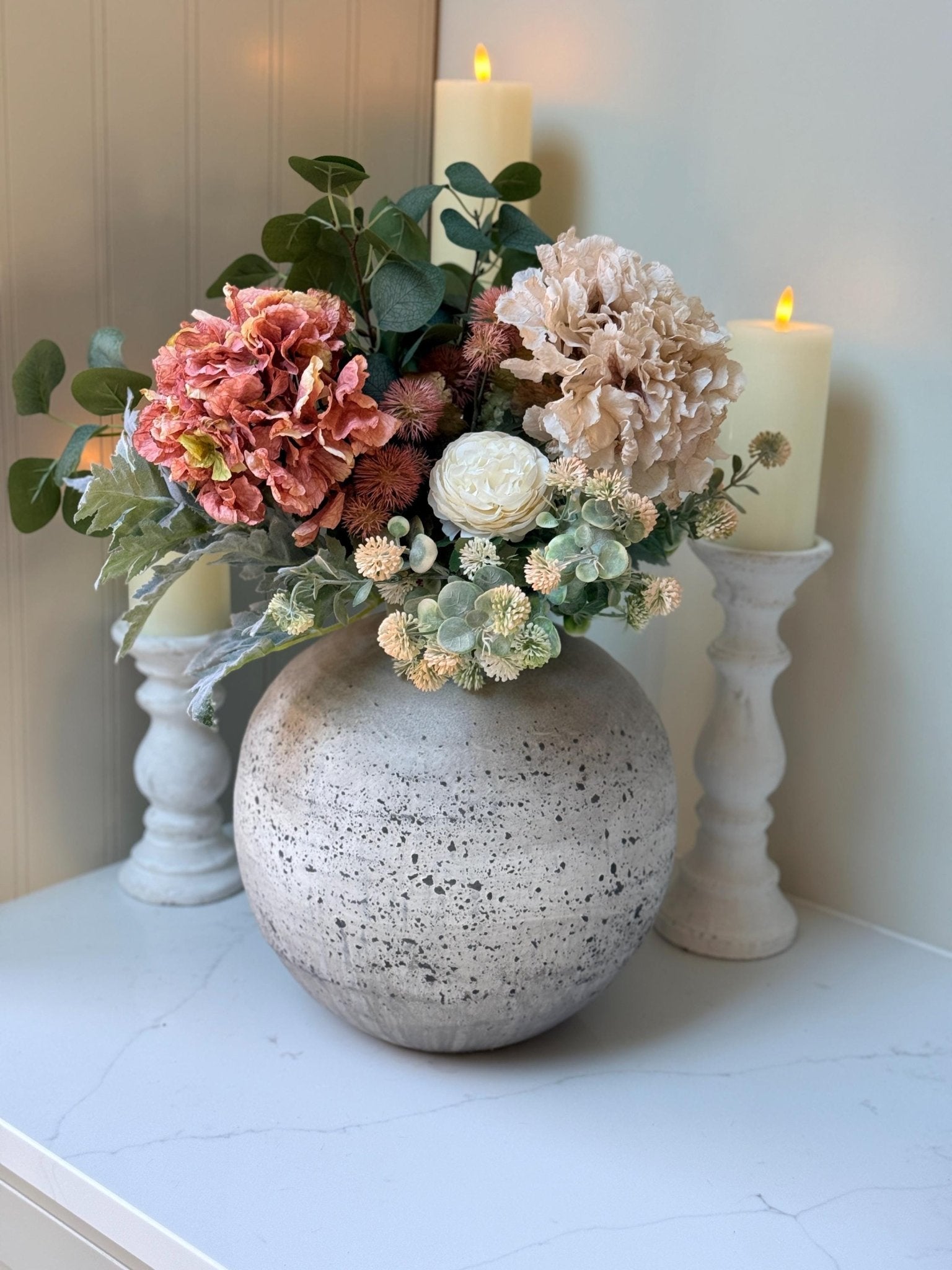 Sarah – Handmade Luxury Silk Autumn Floral Arrangement | Blush Pink Dried Hydrangea Artificial Flower Bouquet with Optional Vase - NalaWillowCo