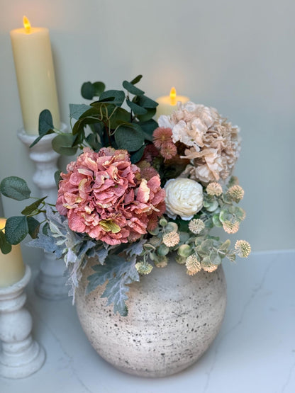 Sarah – Handmade Luxury Silk Autumn Floral Arrangement | Blush Pink Dried Hydrangea Artificial Flower Bouquet with Optional Vase - NalaWillowCo