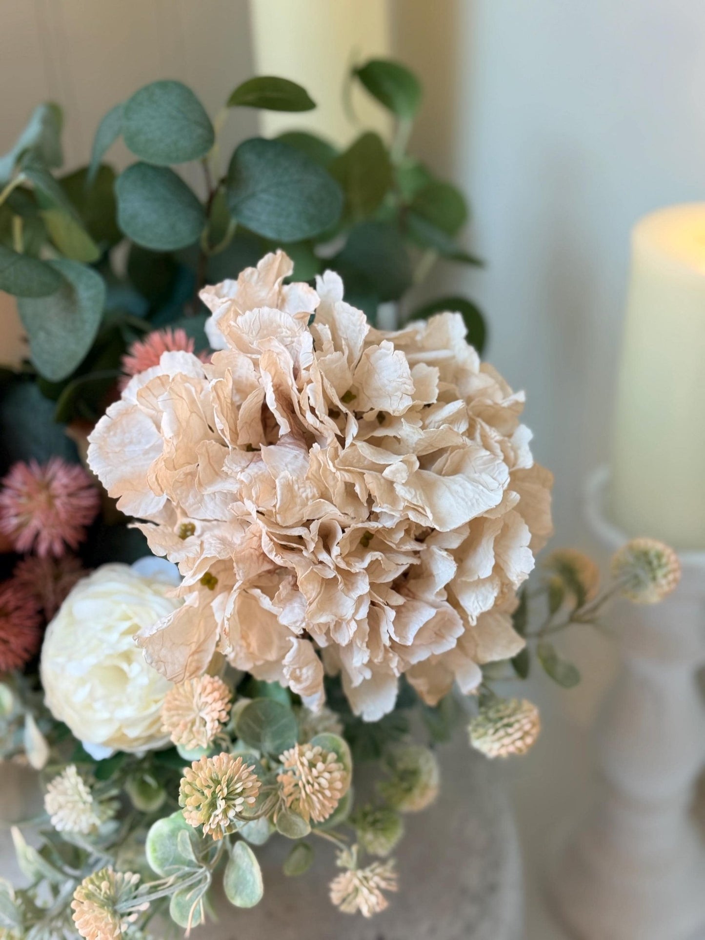 Sarah – Handmade Luxury Silk Autumn Floral Arrangement | Blush Pink Dried Hydrangea Artificial Flower Bouquet with Optional Vase - NalaWillowCo