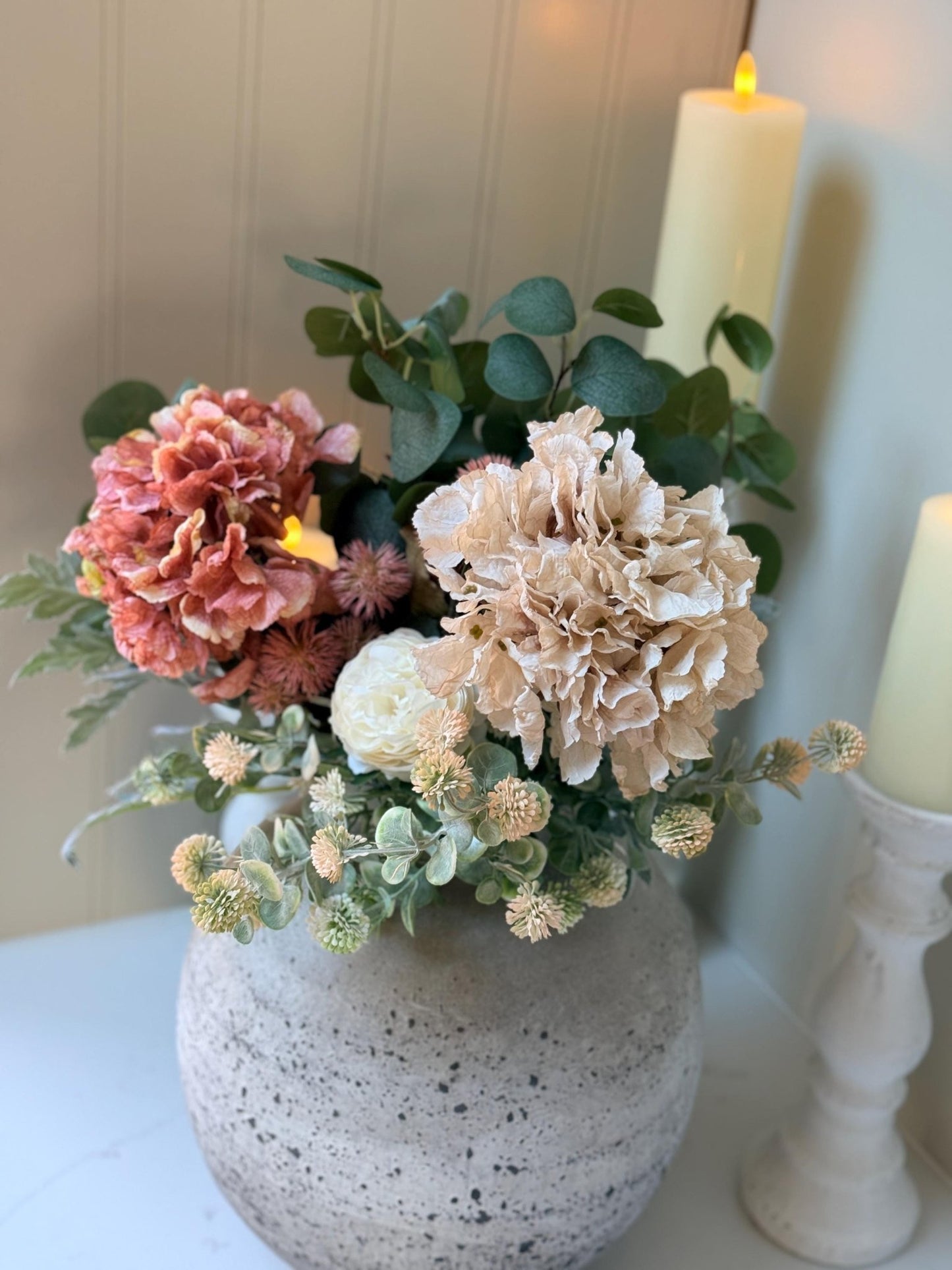 Sarah – Handmade Luxury Silk Autumn Floral Arrangement | Blush Pink Dried Hydrangea Artificial Flower Bouquet with Optional Vase - NalaWillowCo