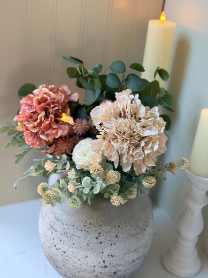 Sarah – Handmade Luxury Silk Autumn Floral Arrangement | Blush Pink Dried Hydrangea Artificial Flower Bouquet with Optional Vase - NalaWillowCo