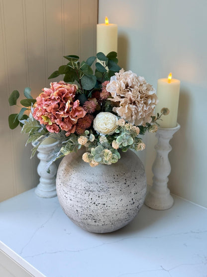 Sarah – Handmade Luxury Silk Autumn Floral Arrangement | Blush Pink Dried Hydrangea Artificial Flower Bouquet with Optional Vase - NalaWillowCo