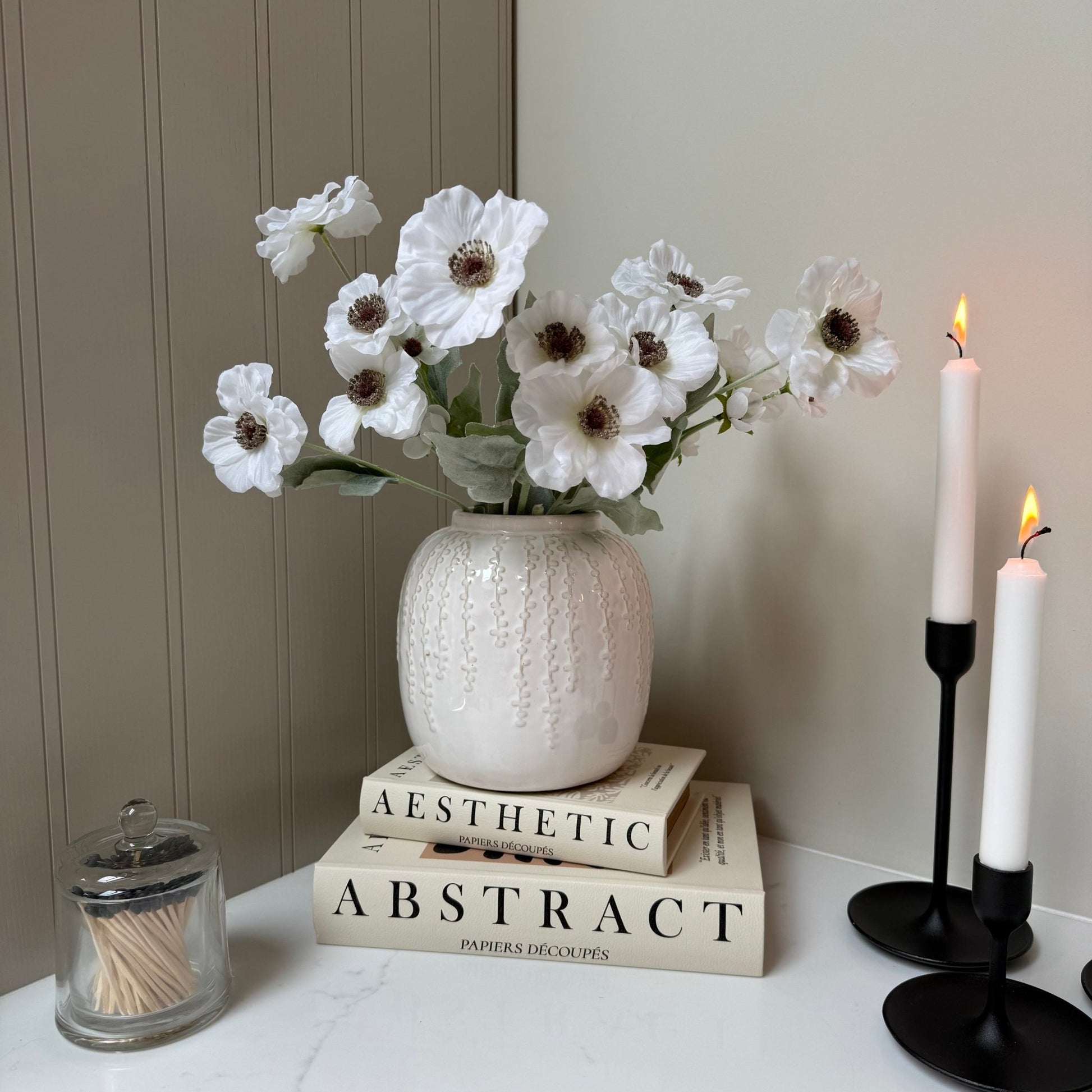 Small Cream Floral Detail Vase with Poppy Stems - NalaWillowCo