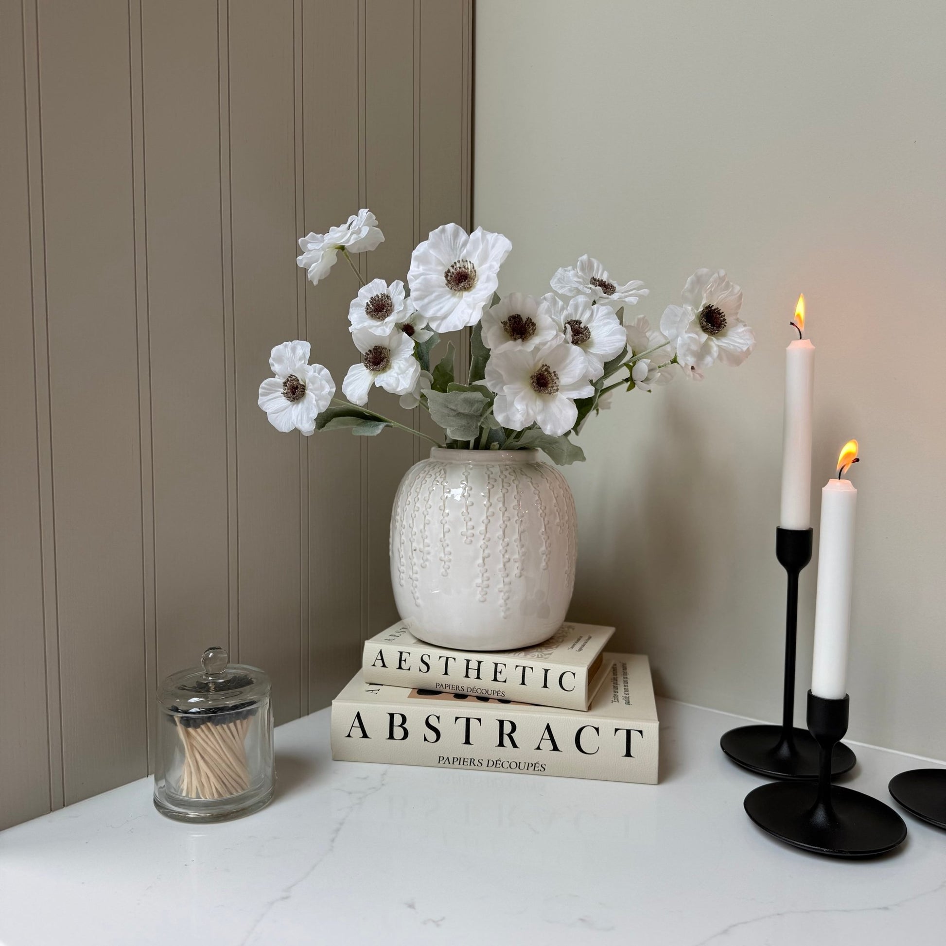 Small Cream Floral Detail Vase with Poppy Stems - NalaWillowCo
