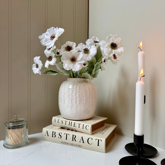 Small Cream Floral Detail Vase with Poppy Stems - NalaWillowCo
