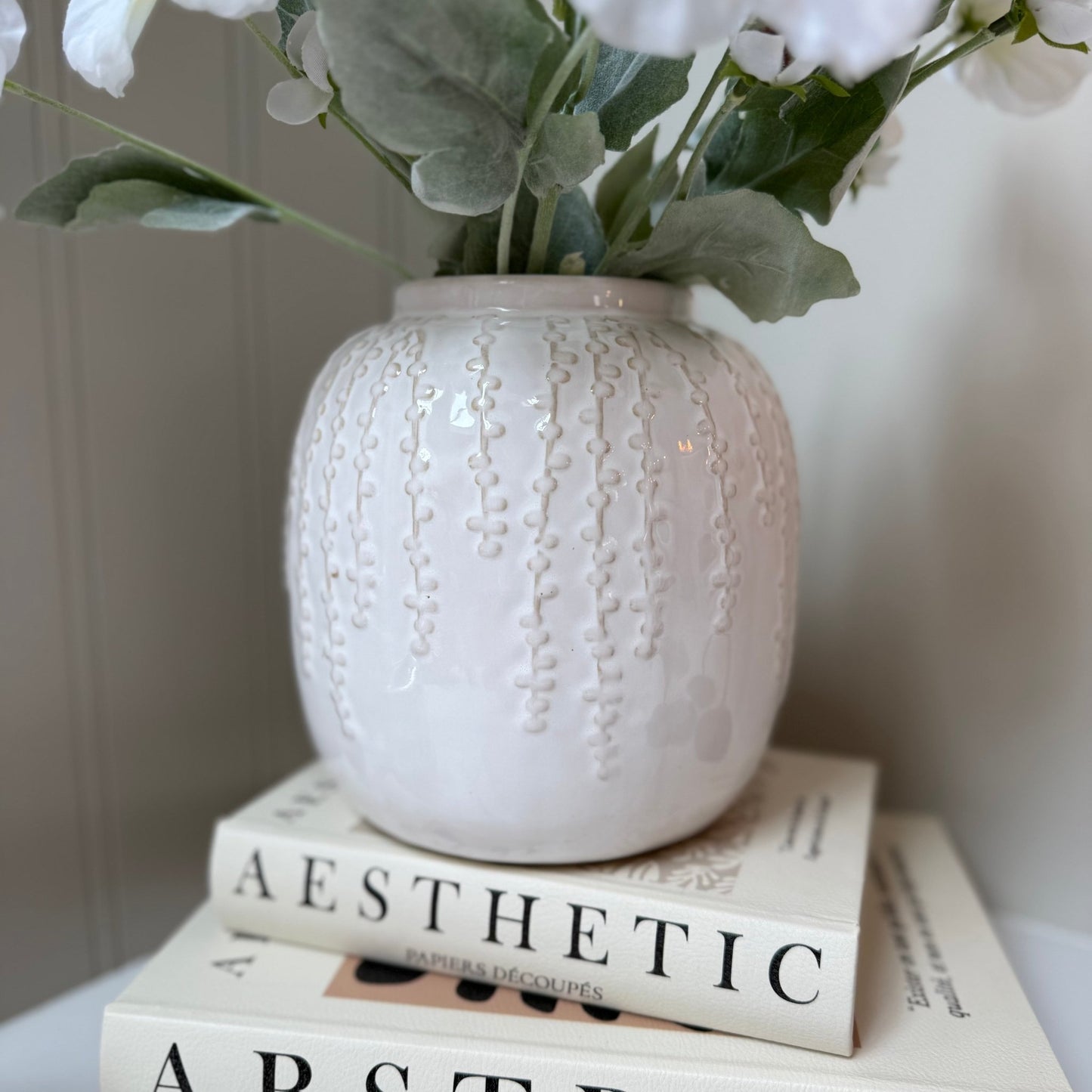 Small Cream Floral Detail Vase with Poppy Stems - NalaWillowCo