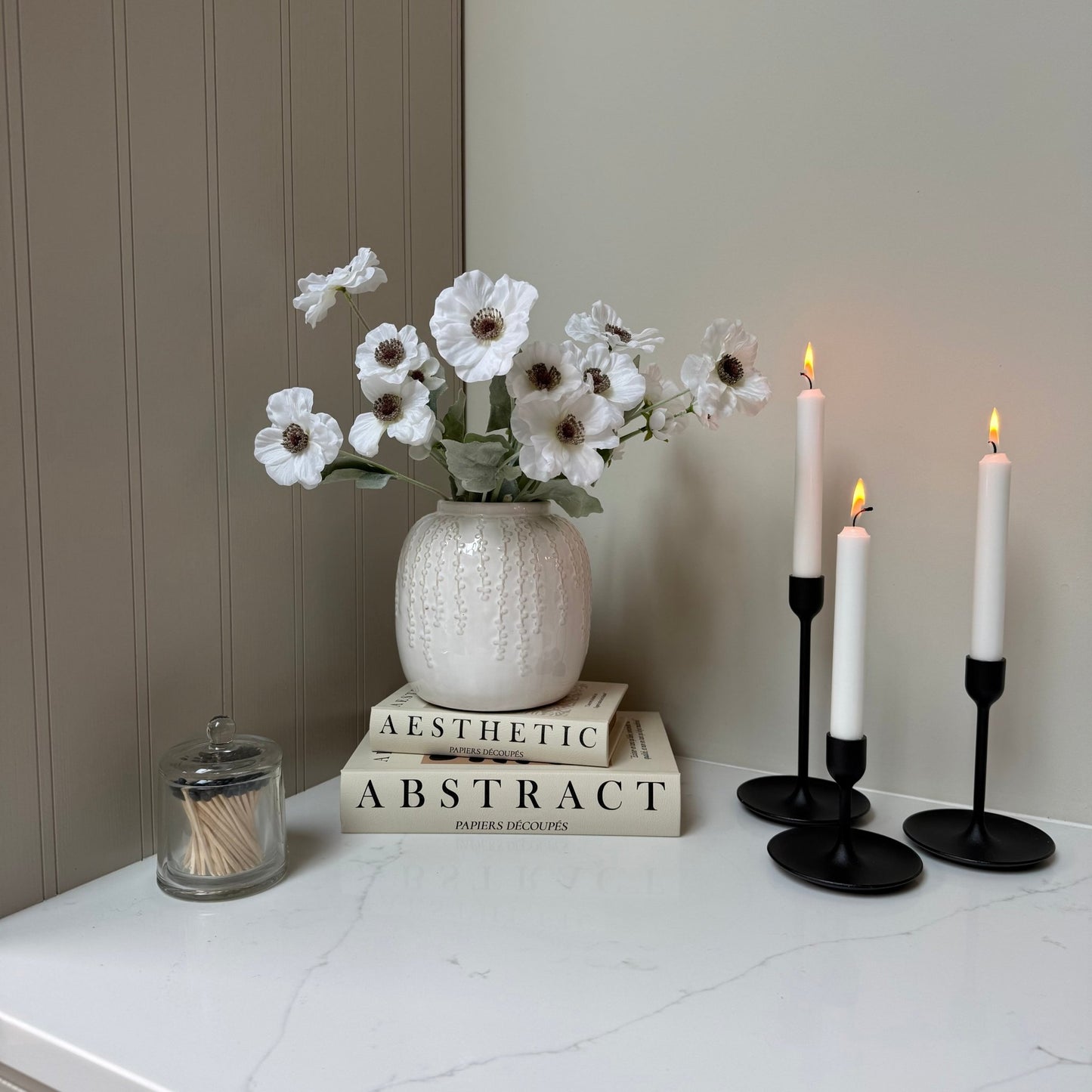 Small Cream Floral Detail Vase with Poppy Stems - NalaWillowCo