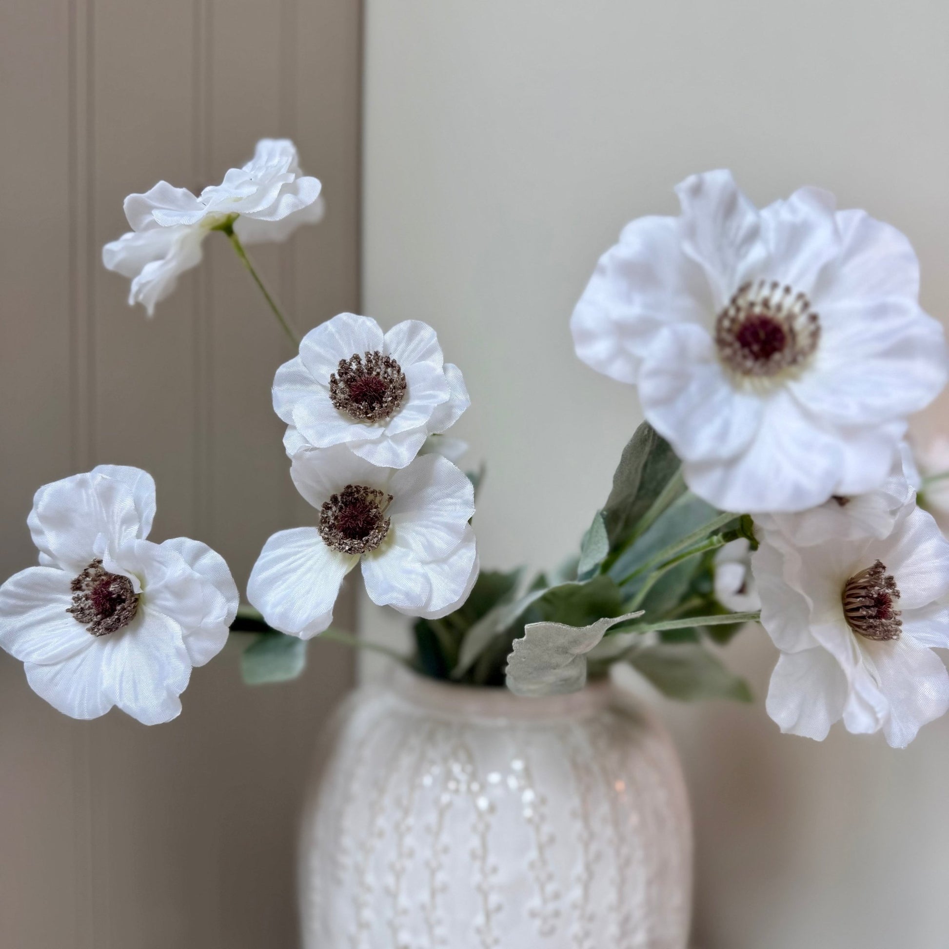 Small Cream Floral Detail Vase with Poppy Stems - NalaWillowCo