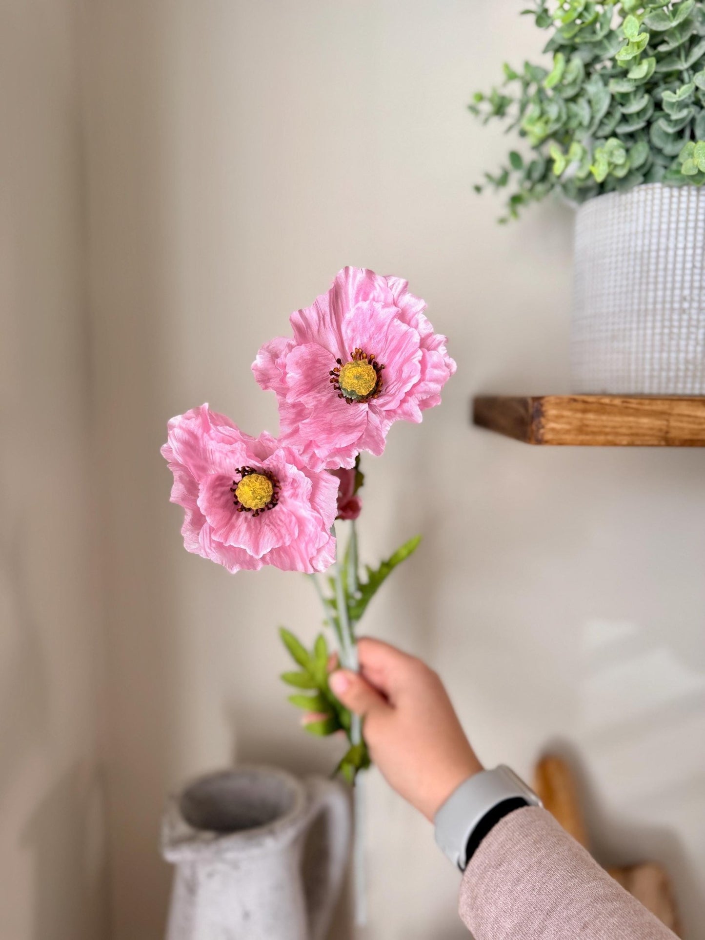Tall Poppy Stems in Pink & White – Artificial Flowers | Realistic Poppies for Vases, Rustic Farmhouse Modern Home Decor - NalaWillowCo