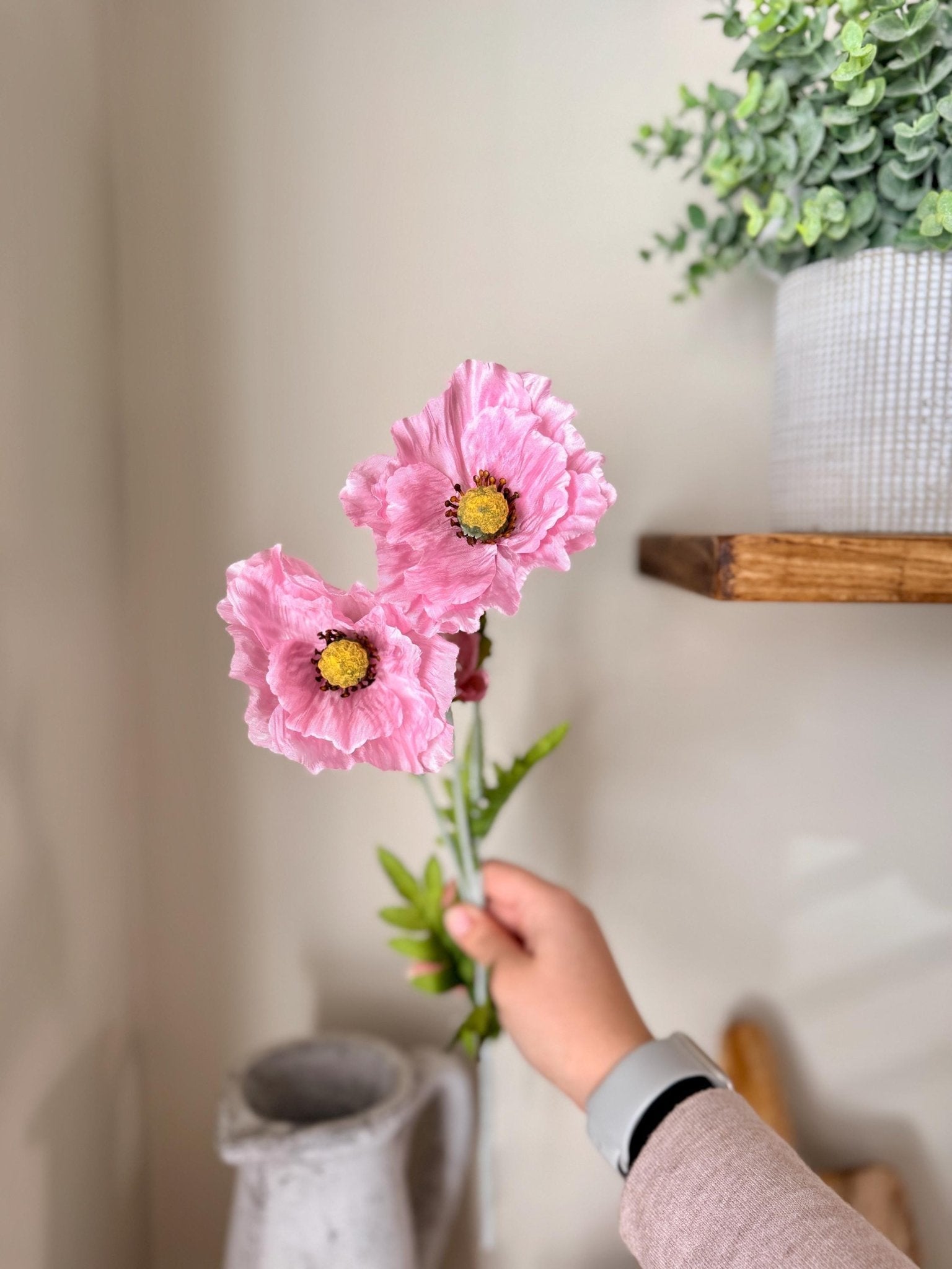 Tall Poppy Stems in Pink & White – Artificial Flowers | Realistic Poppies for Vases, Rustic Farmhouse Modern Home Decor - NalaWillowCo