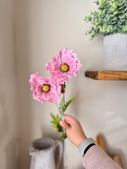 Tall Poppy Stems in Pink & White – Artificial Flowers | Realistic Poppies for Vases, Rustic Farmhouse Modern Home Decor - NalaWillowCo