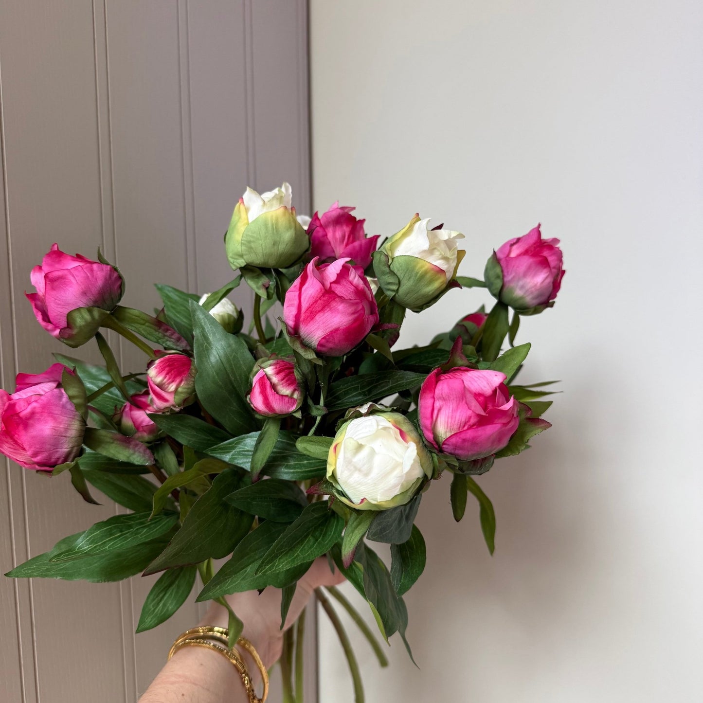 Vintage Ribbed Zinc Jug with Real Touch Peony Buds - NalaWillowCo