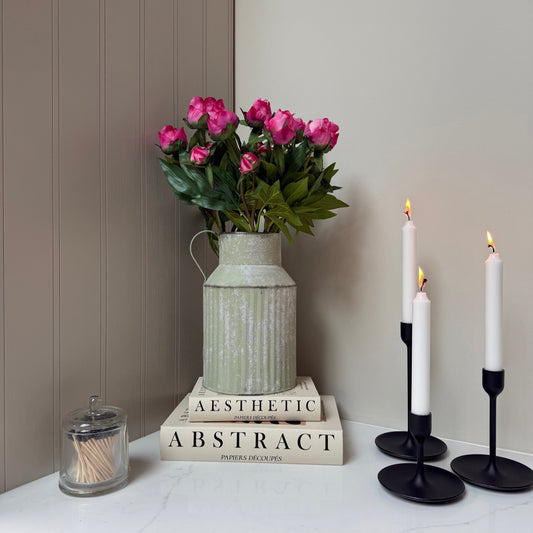 Vintage Ribbed Zinc Jug with Real Touch Peony Buds - NalaWillowCo