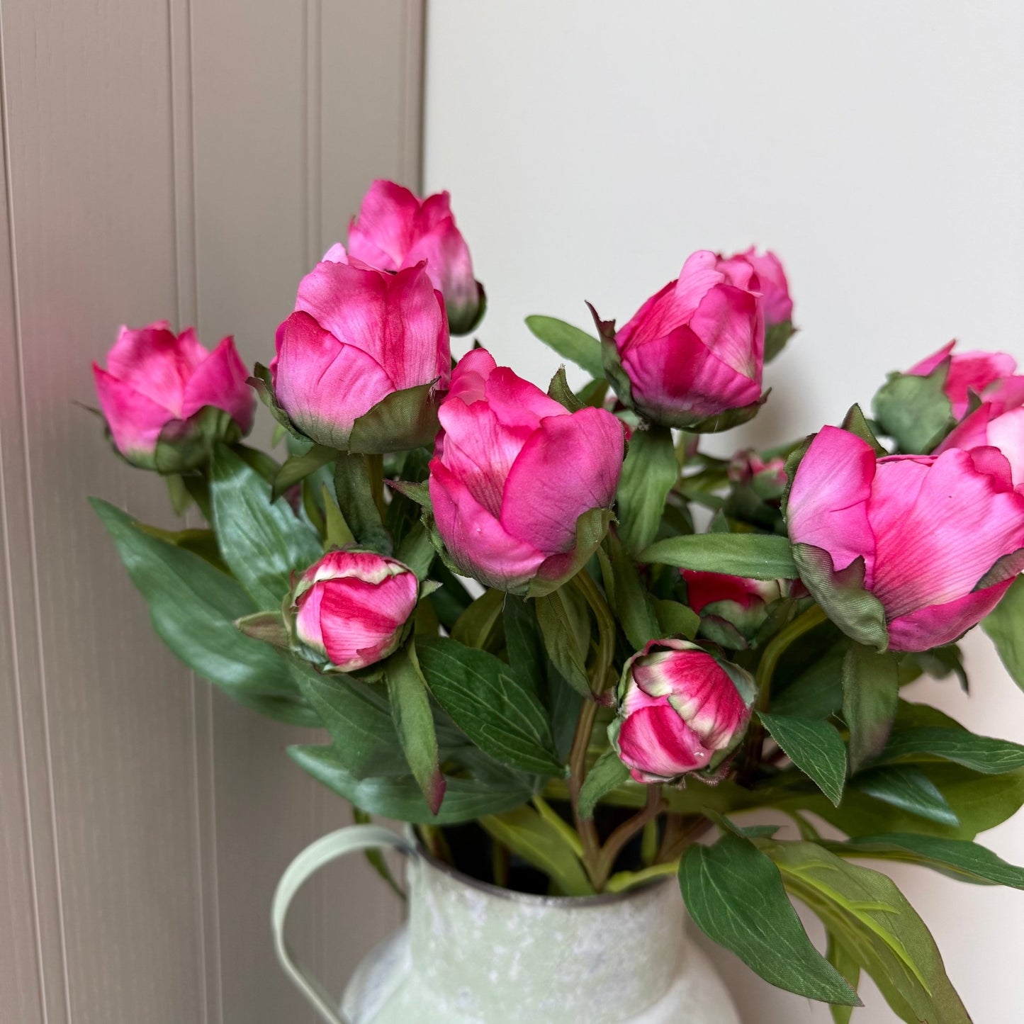 Vintage Ribbed Zinc Jug with Real Touch Peony Buds - NalaWillowCo