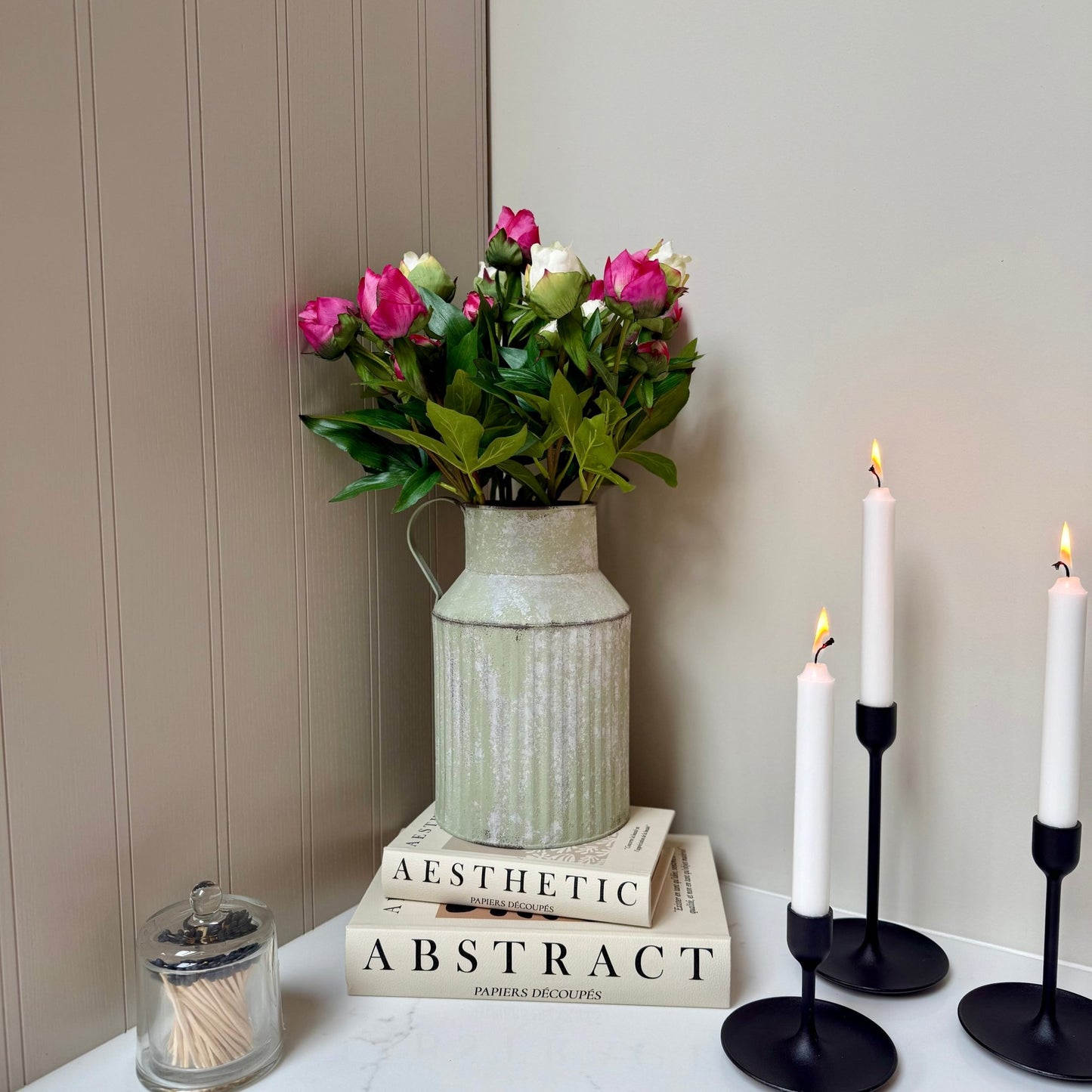 Vintage Ribbed Zinc Jug with Real Touch Peony Buds - NalaWillowCo
