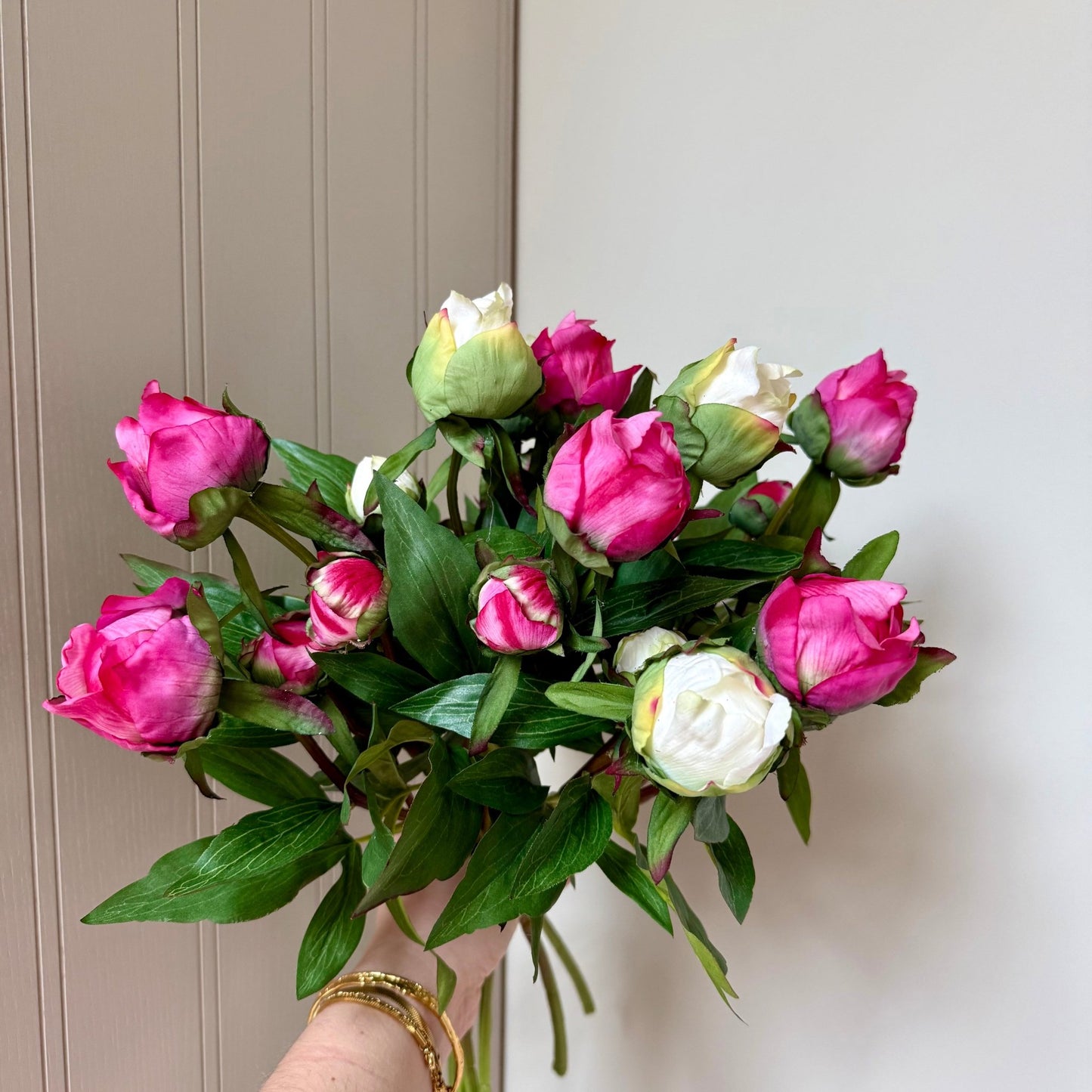 Vintage Ribbed Zinc Jug with Real Touch Peony Buds - NalaWillowCo