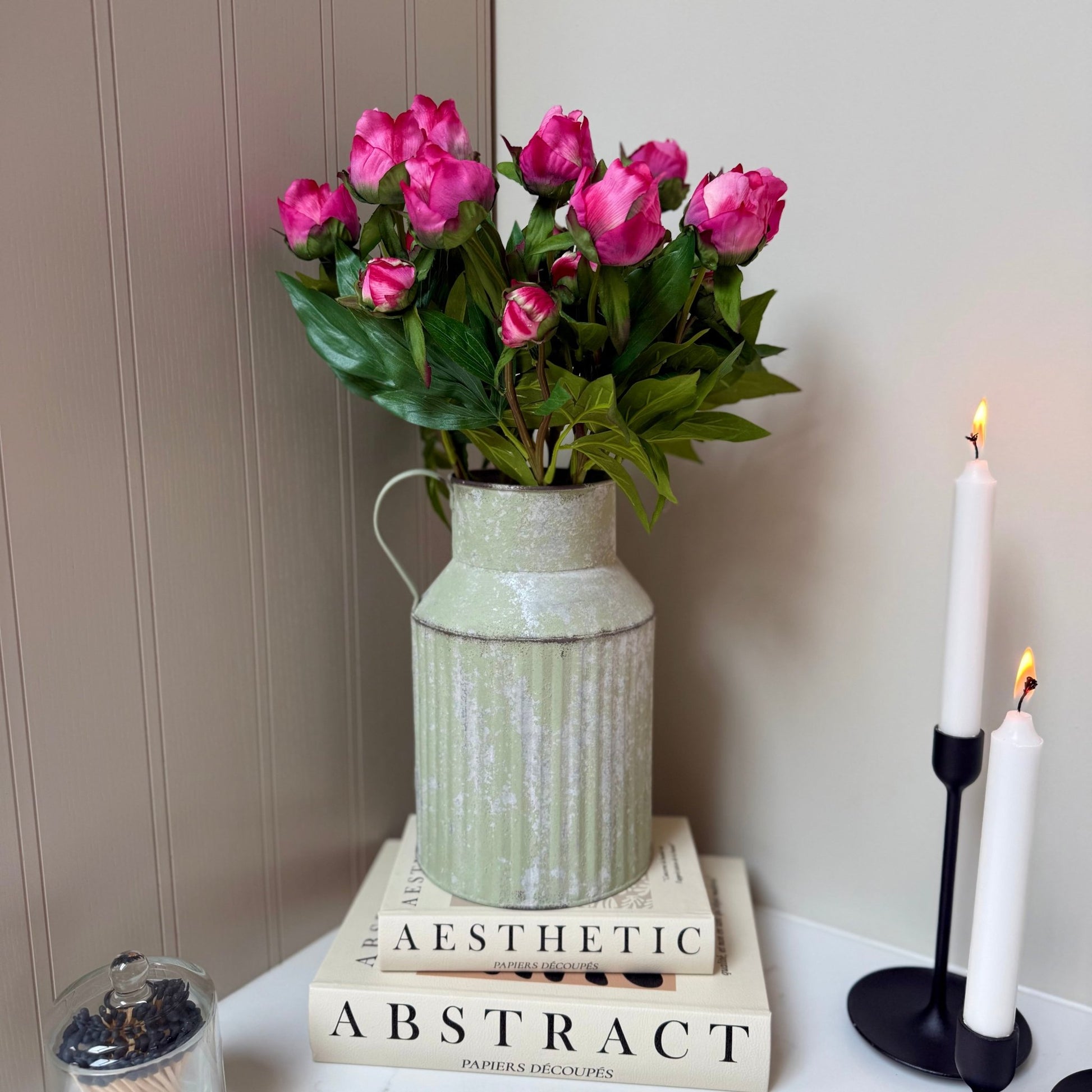 Vintage Ribbed Zinc Jug with Real Touch Peony Buds - NalaWillowCo