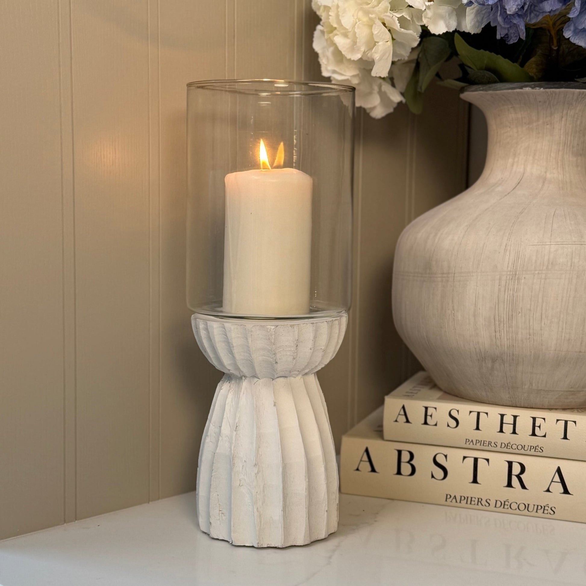 White Carved Glass Hurricane Lantern - NalaWillowCo