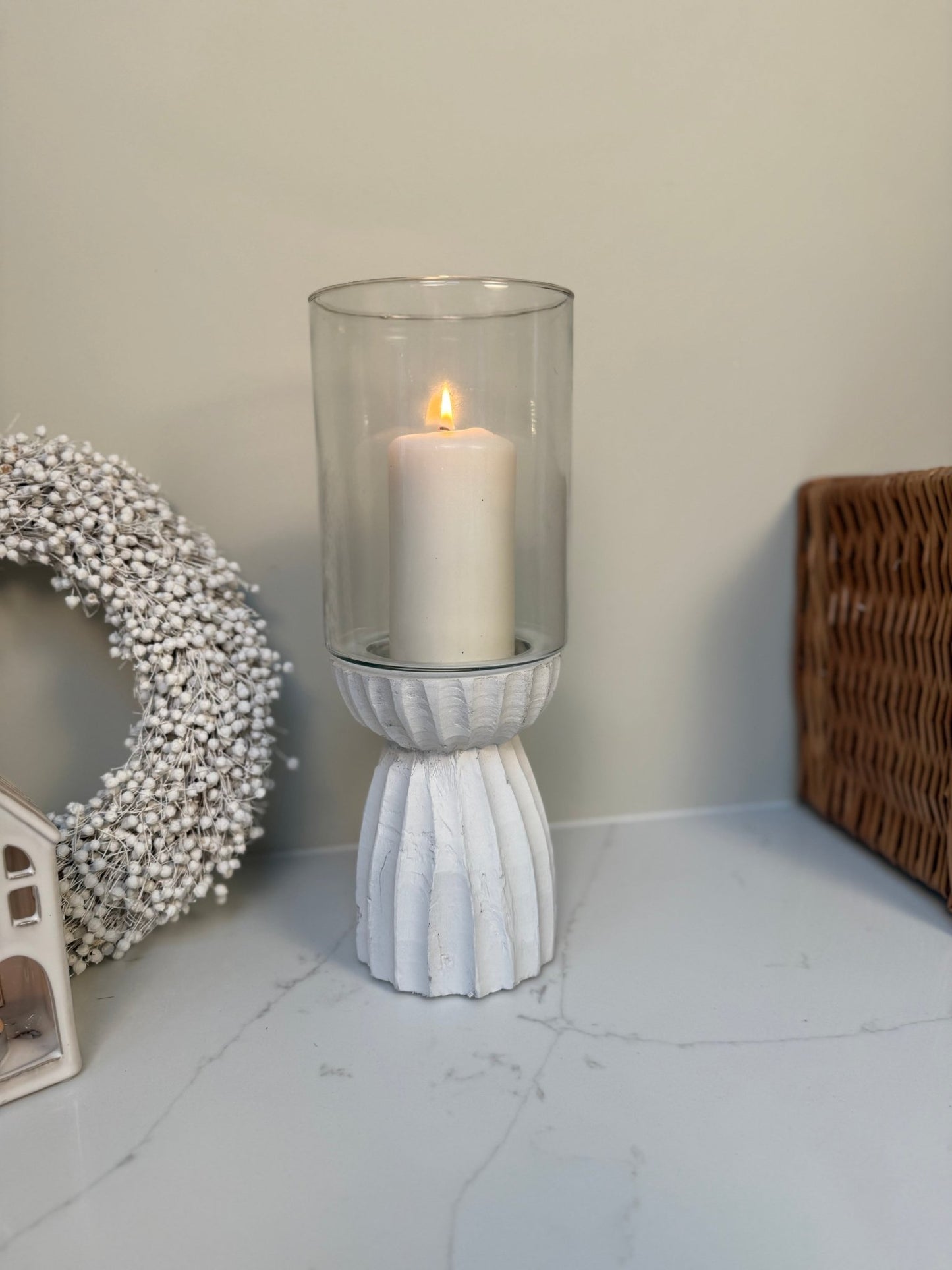 White Carved Glass Hurricane Lantern - NalaWillowCo