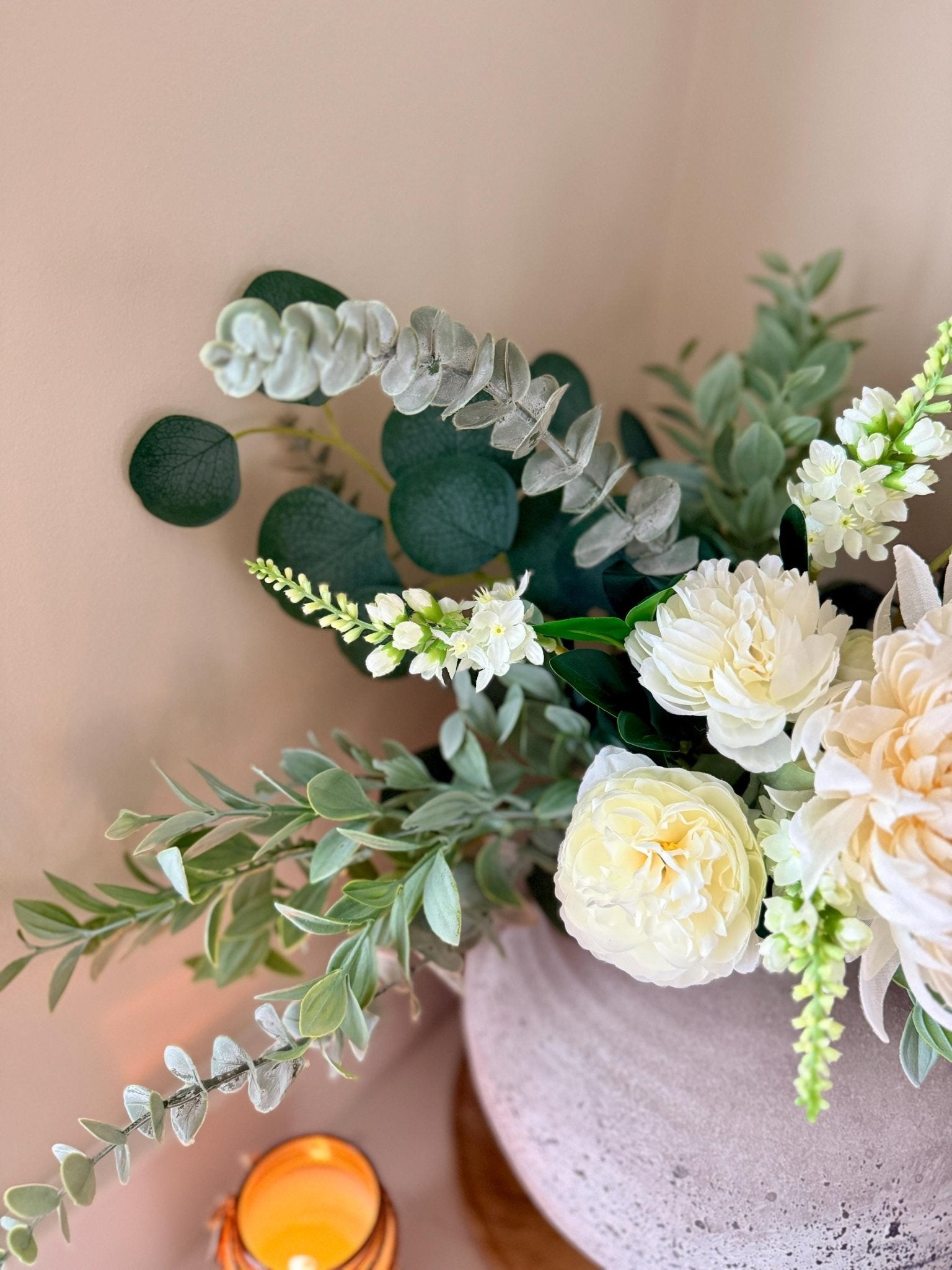 White Wedding Handmade Faux Flower Arrangement | Luxury White & Green Eucalyptus Display - NalaWillowCo