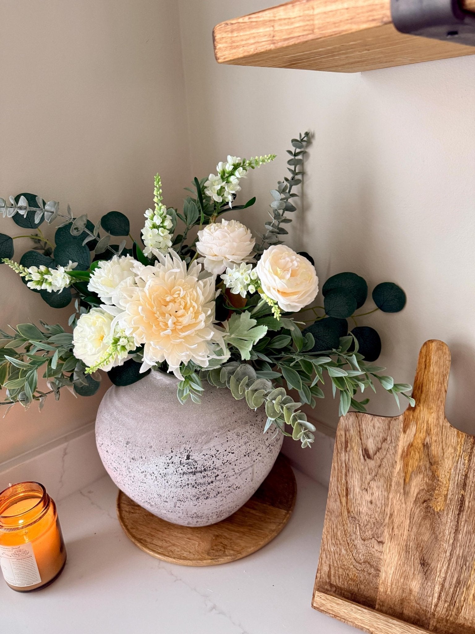 White Wedding Handmade Faux Flower Arrangement | Luxury White & Green Eucalyptus Display - NalaWillowCo