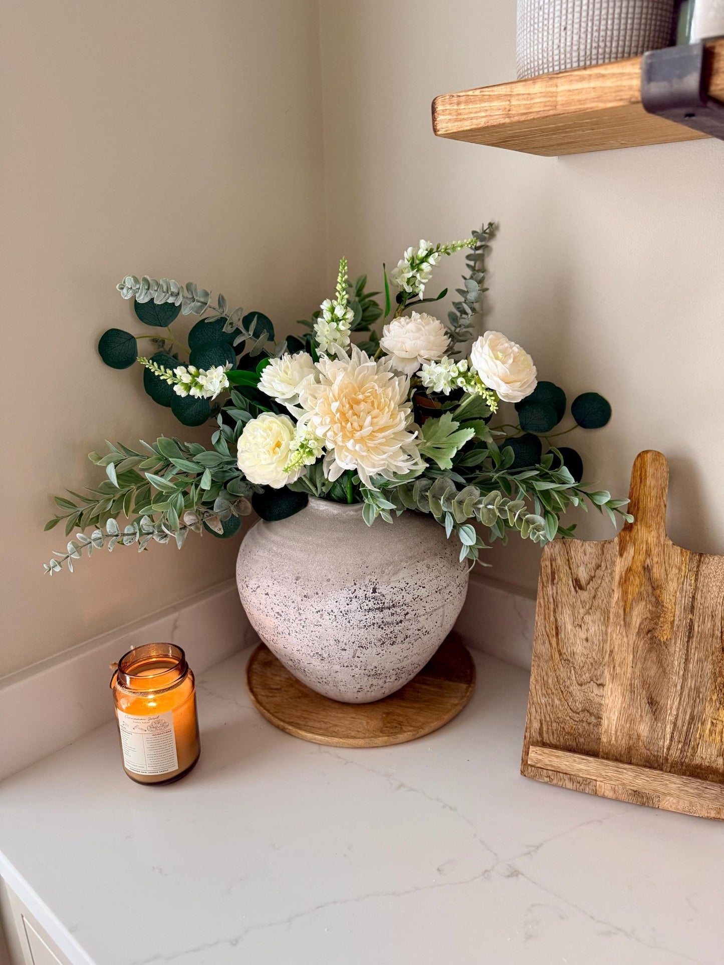 White Wedding Handmade Faux Flower Arrangement | Luxury White & Green Eucalyptus Display - NalaWillowCo