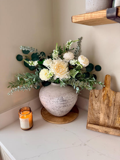 White Wedding Handmade Faux Flower Arrangement | Luxury White & Green Eucalyptus Display - NalaWillowCo